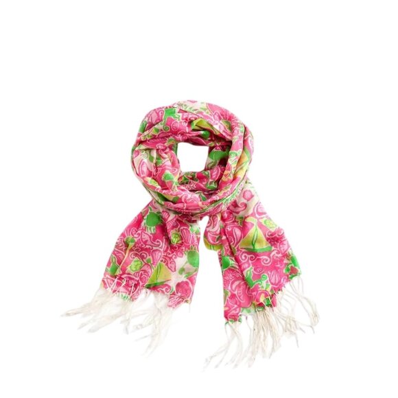 Lilly Pulitzer Murphree Silk Cashmere Pink Floral Fringe Scarf Wrap 27"x82" - Picture 3 of 6